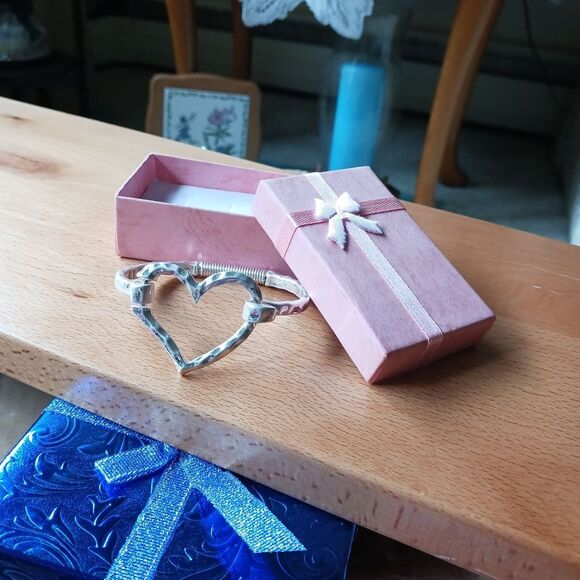 Sterling Silver Heart Shaped Cuff Bangle Bracelet - Picture 10 of 10